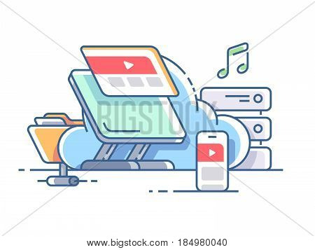 Cloud data storage. Syncing music with gadget. Vector flat illustration