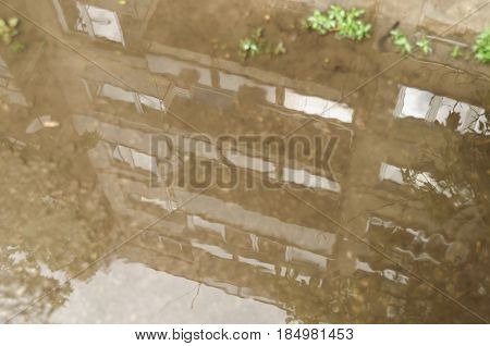 Reflection In Large Puddle On An Overcast Day