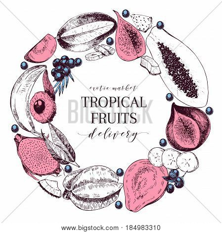 Vector hand drawn smoothie bowls poster. Exotic engraved fruits. Round border composition. Banana, mango, papaya, pitaya, acai, lycgee, fig. Use for exotic restaurant food partty