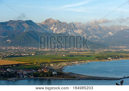 Versilia Coast with the Magra river the Ligurian sea the Apennines and the Apuan Alps. Tuscany Liguria Italy