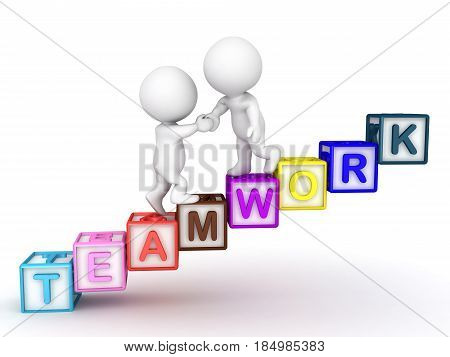 3D Character helping another character to climb up stairs which say teamwork. Image can be used in any situation where teamwork needs to be emphasized.