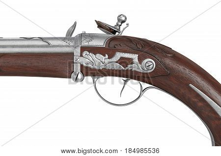 Pistol gun old flintlock cavalry handgun, close view. 3D rendering