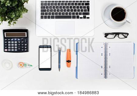 Business White Desk In Office Top View