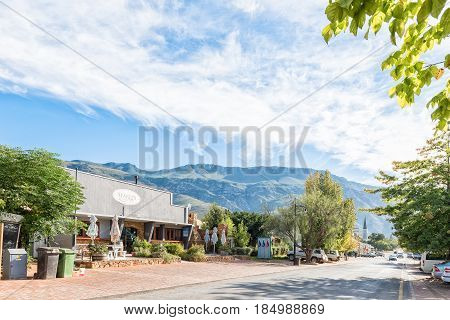 GREYTON SOUTH AFRICA - MARCH 27 2017: A street scene with businesses and a church in Greyton a small town in the Western Cape Province of South Africa
