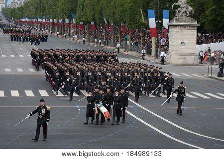 Paris France - July 14 2012. Soldiers from the French Foreign Legion march during the annual military parade in honor of the Bastille Day.
