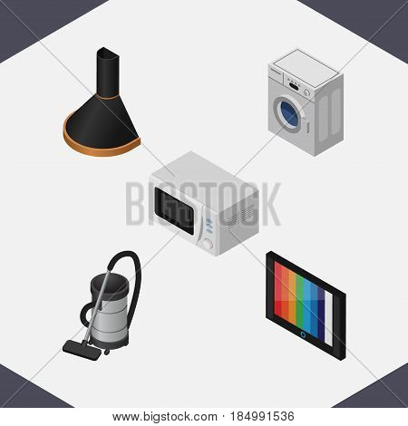 Isometric Appliance Set Of Laundry, Air Extractor, Microwave And Other Vector Objects. Also Includes Stove, Cleaner, Washing Elements.