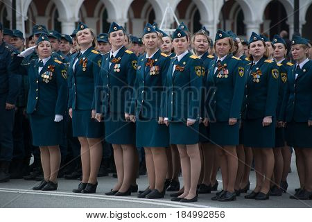 Yoshkar-Ola, Russia - May 4, 2017 General rehearsal of the Victory Parade in Yoshkar-Ola. The female regiment of the Ministry of Extraordinary Situations stands in line