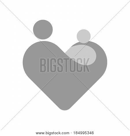 Mother with her child in her hands. Simplified symbol in a shape of heart. Motherhood or Mothers Day theme. Grey vector illustration.
