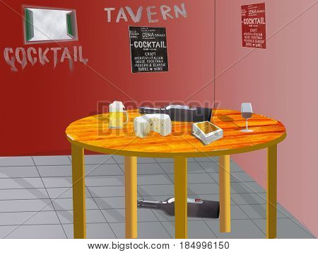 illustration of the interior of a tavern with a table with beer wine and cheese