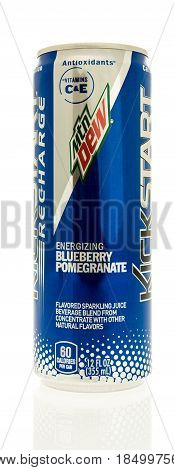 Winneconne WI - 1 May 2017: A can of Mountain Dew Kickstarter in blueberry pomegranate flavor on an isolated background.