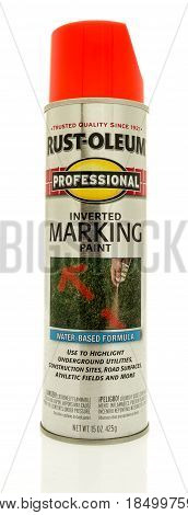Winneconne WI - 2 May 2017: A can of Rust Oleum professional inverted marking paint on an isolated background.