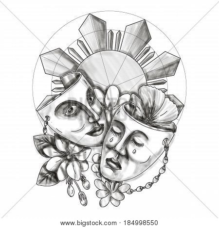 Tattoo style illustration showing a drama theater mask with hibiscus or rose mallow and arabian jasmine Jasminum sambac or sampaguita and Philippine sun in background.