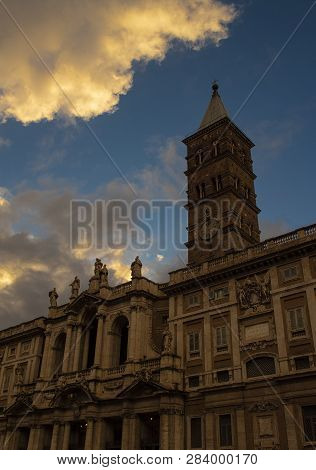 The Basilica Di Santa Maria Maggiore In Rome Italy. The Frond Of The Basilica With The Bell Tower Du