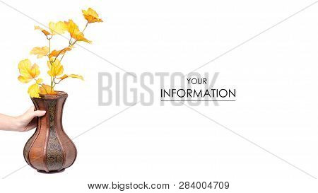 Wooden Vase Autumn Leaves In Hand Pattern On White Background Isolation