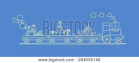 Funny Vector Illustration With Train Carries Toys: Baby Toy Musical Maracas, Designer, Bear, Gifts, 