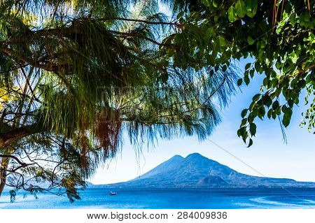 Atitlan & Toliman Volcanoes On Lake Atitlan In Guatemalan Highlands