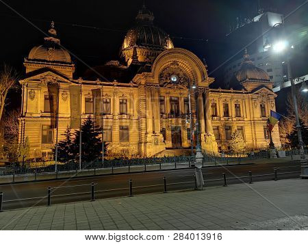 Bucharest, Romania - February 3, 2019 : Cec Bank Palace , Bucharest At Night. A Beautiful Architectu