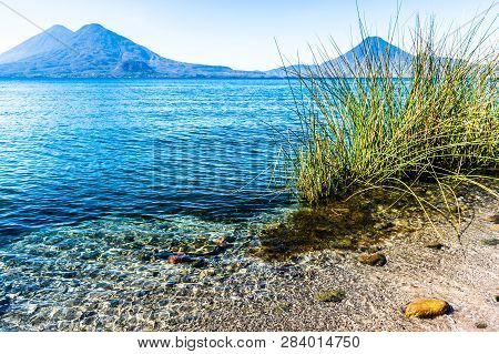 Atitlan, Toliman & San Pedro Volcanoes On Lake Atitlan In Guatemalan Highlands