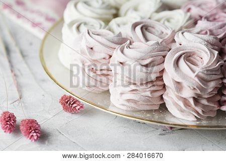 Dessert Zephyr Marshmallows Close Up. Big Zephyr Sprinkled With Powdered Sugar. Valentine's Day Conc