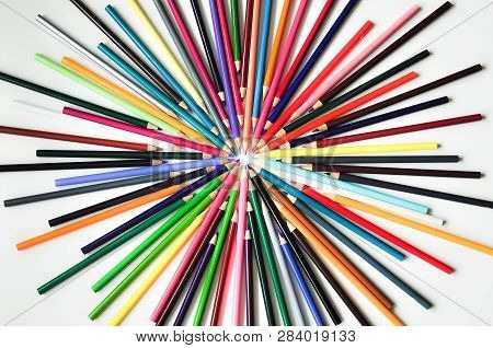 Many Multi-colored Pencils.
Background With Color Pencils. Rainbow Colors, Palette. Bright And Color