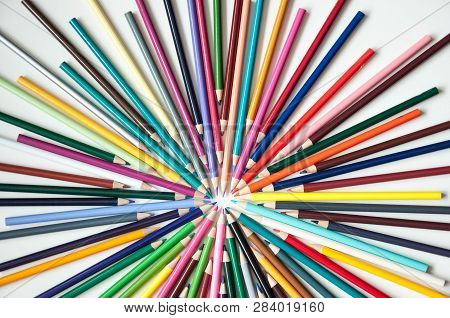 Many Multi-colored Pencils.
Background With Color Pencils. Rainbow Colors, Palette. Bright And Color