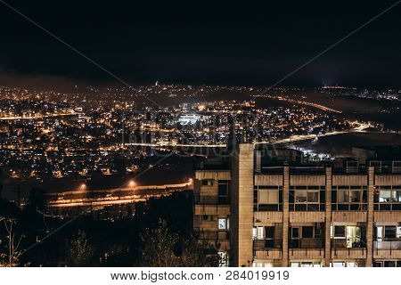 Jerusalem Old City Lights. Bright Lights At Night Over Jerusalem And Old City Temple Mount, Dome Of 