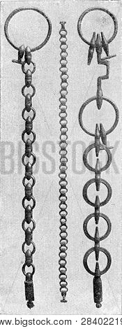 Bronze jaw chains for horses, vintage engraved illustration. From the Universe and Humanity, 1910.