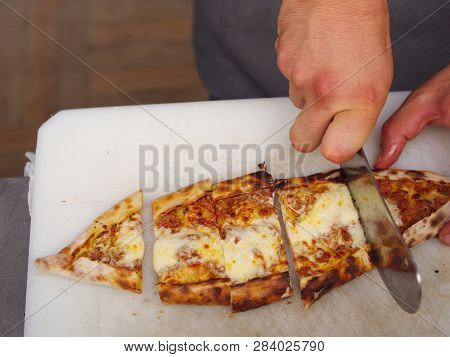 Pita(pide) With Minced Meat And Cheese. Pita(pide) From Traditional Turkish Cuisine