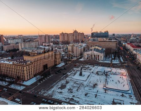 Voronezh, Russia - Circa February 2019: Aerial View Voronezh City Midtown, Lenin Square, Building Of