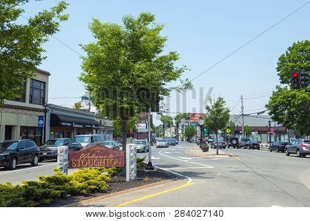 Stoughton, Ma, Usa - Jun. 13, 2017: Welcome To Stoughton Sign At Washington Street, Stoughton, Massa