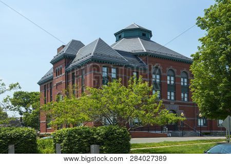 Stoughton Town Hall At Washington Street At The Town Center Of Stoughton, Massachusetts, Usa.