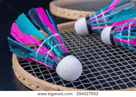 Colorful Feathers In The Badminton Shuttlecock. Team Play Set.