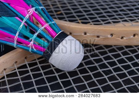 Colorful Feathers In The Badminton Shuttlecock. Team Play Set.