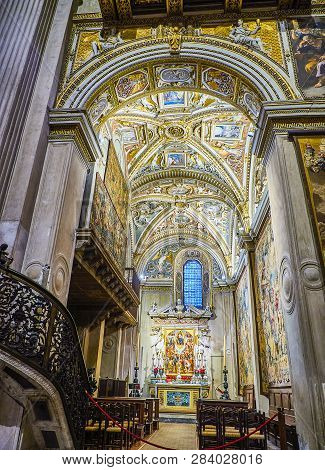 Bergamo, Italy - January 3, 2019. Right Transept Chapel Of The Basilica Di Santa Maria Maggiore. Pia