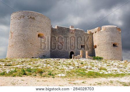 Chateau Dif, Famous France Prison On Island In The Bay Of Marseille Before The Storm. Castle If View