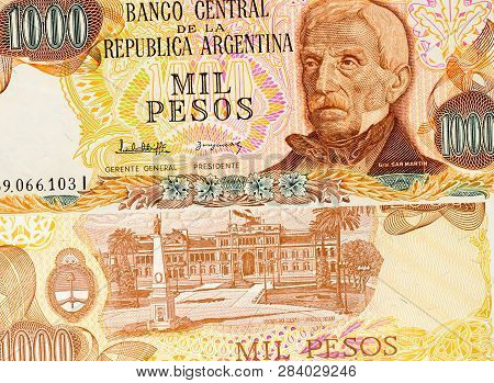 Old One Thousand Pesos Argentina Banknote Background. High Resolution Vintage Photo Of Front Side Ar