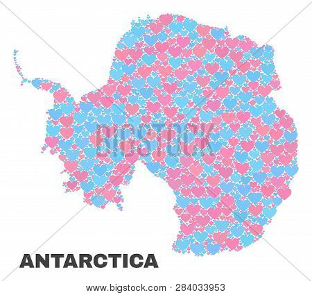 Mosaic Antarctica Continent Map Of Lovely Hearts In Pink And Blue Colors Isolated On A White Backgro