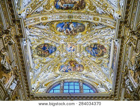 Bergamo, Italy - January 3, 2019. Ceiling Detail Of The Nave Of The Basilica Di Santa Maria Maggiore