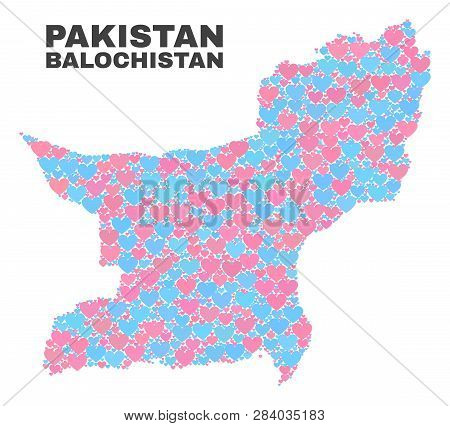 Mosaic Balochistan Province Map Of Love Hearts In Pink And Blue Colors Isolated On A White Backgroun