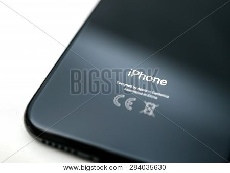 Paris, France - Nov 5, 2017: Macro Detail Of Rear View Of Latest Iphone Xs Telephone Smartphone With