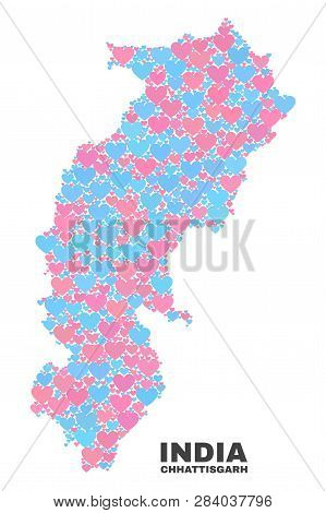 Mosaic Chhattisgarh State Map Of Lovely Hearts In Pink And Blue Colors Isolated On A White Backgroun
