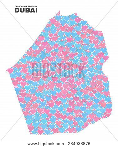 Mosaic Dubai Emirate Map Of Lovely Hearts In Pink And Blue Colors Isolated On A White Background. Lo
