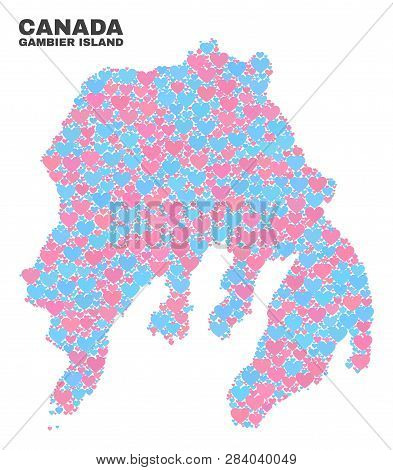 Mosaic Gambier Island Map Of Valentine Hearts In Pink And Blue Colors Isolated On A White Background