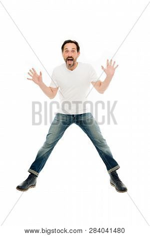 Man Excited Jumping. Mature Charismatic Speaker Excited To Inform. Full Of Excitement. Happy Emotion