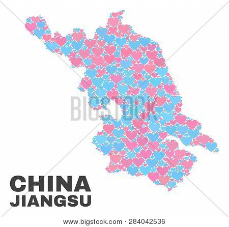 Mosaic Jiangsu Province Map Of Love Hearts In Pink And Blue Colors Isolated On A White Background. L