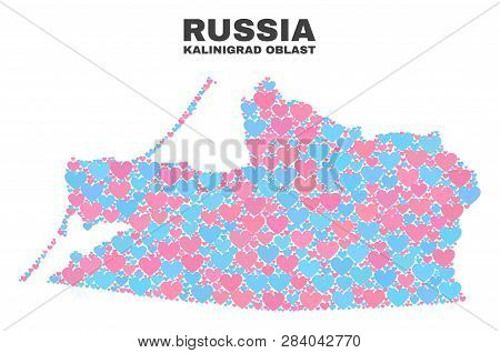Mosaic Kalid Region Map Of Lovely Hearts In Pink And Blue Colors Isolated On A White Background. Lov
