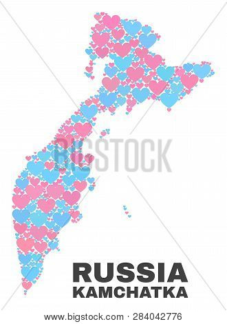 Mosaic Kamchatka Map Of Love Hearts In Pink And Blue Colors Isolated On A White Background. Lovely H