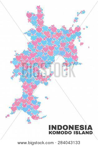 Mosaic Komodo Island Map Of Love Hearts In Pink And Blue Colors Isolated On A White Background. Love