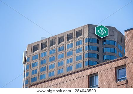 Montreal, Canada - November 4, 2018: Desjardins Bank Logo On Their Main Office For Montreal, Quebec,