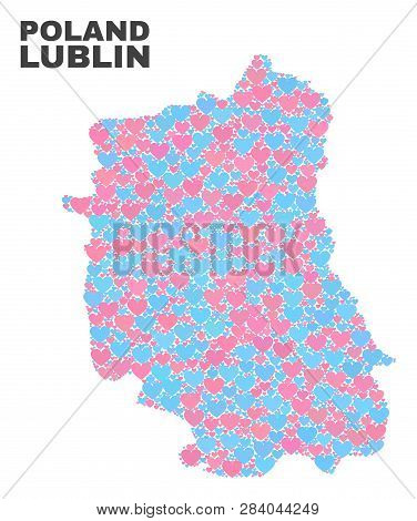 Mosaic Lublin Voivodeship Map Of Valentine Hearts In Pink And Blue Colors Isolated On A White Backgr